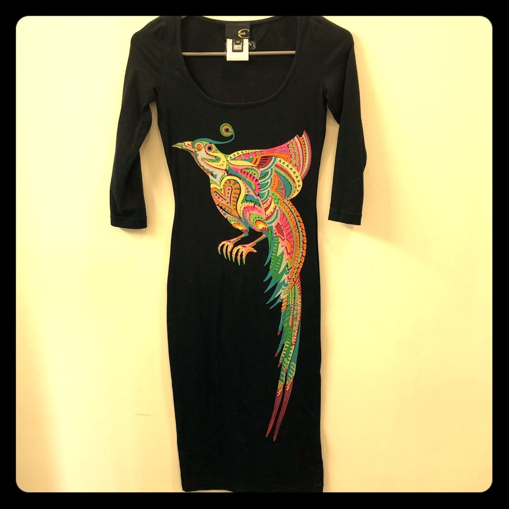 Just cavalli elbow sleeve dress with bird graphic